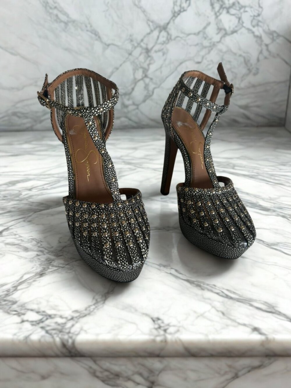 Jessica Simpson Black Gold Studded Cage Platform Heels